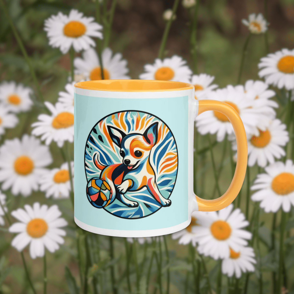 Chihuahua's Playful Dance - "Life's a game. Let's play!" - Vivid Mug (Color: Light Cyan | Golden Yellow) - Coffee Mug - Inside Color - Speak Up 4 Paws