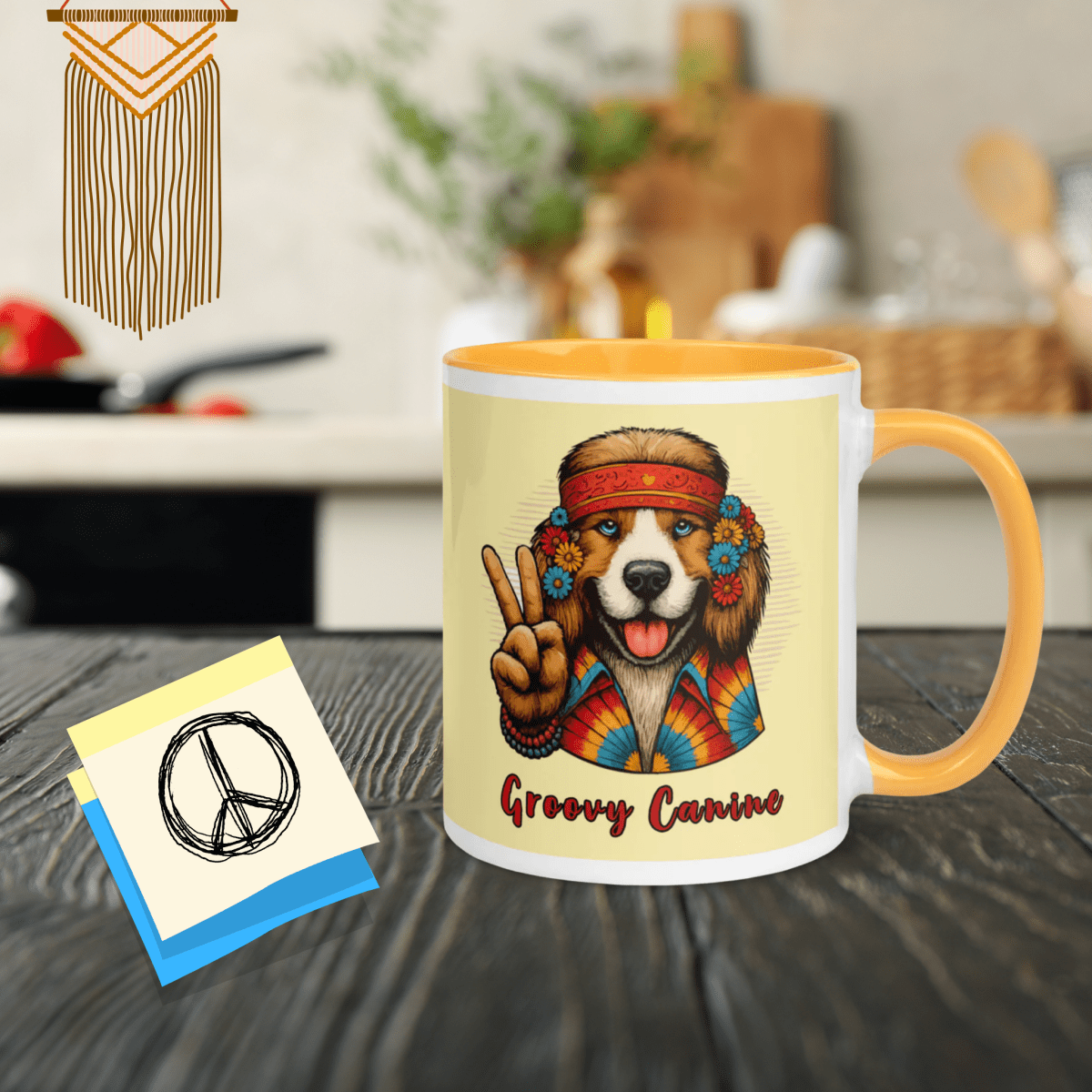 Groovy Canine - "Peace, Love & Pawfect Brew!" - Vivid Mug (Color: Banana Mania | Golden Yellow) - Coffee Mug - Inside Color - Speak Up 4 Paws