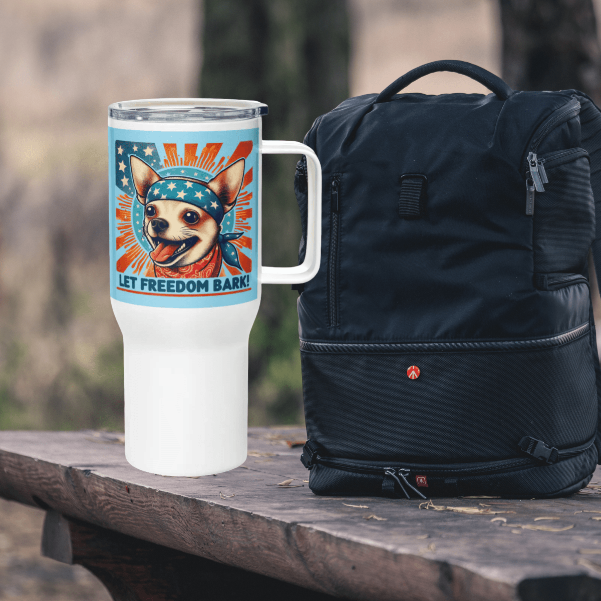 Bark of Freedom Trio - Chihuahua - "Unleash the Red, White & Woof!" - TrailMate Tumbler (Color: Columbia Blue) - Travel Mug - Speak Up 4 Paws