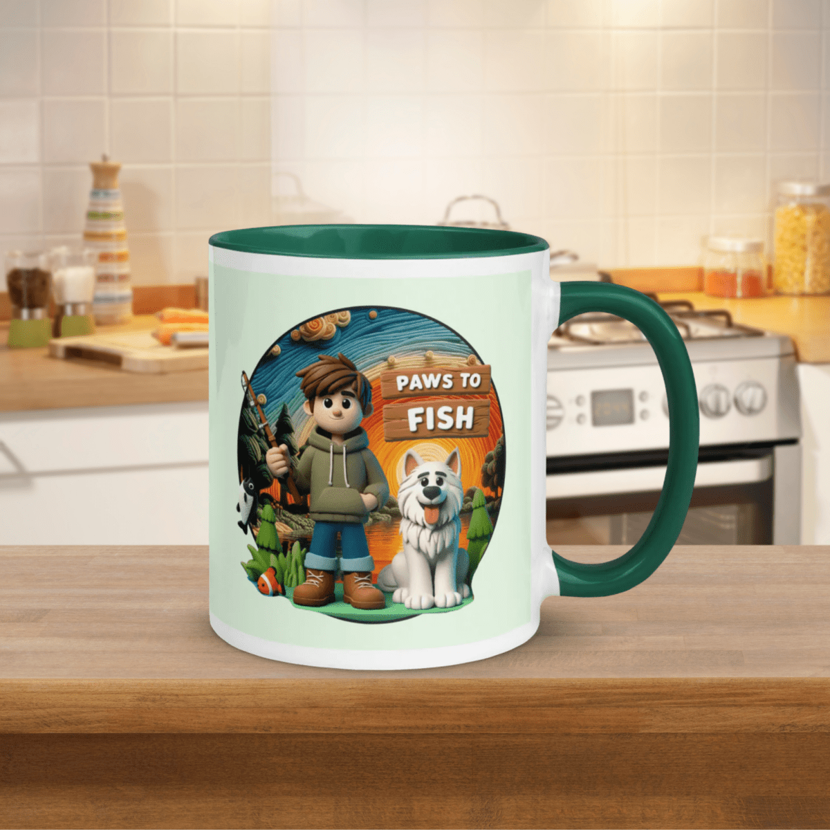 Paws to Fish - "Gone Fishin' with my Best Friend!" - Vivid Mug (Color: Honeydew | Dark Green) - Coffee Mug - Inside Color - Speak Up 4 Paws