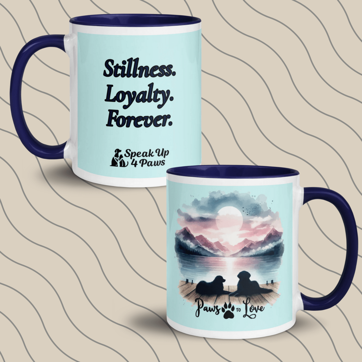 Sunset Buddies - "Stillness. Loyalty. Forever." - Vivid Mug (Color: Light Cyan | Dark Blue) - Coffee Mug - Inside Color - Speak Up 4 Paws