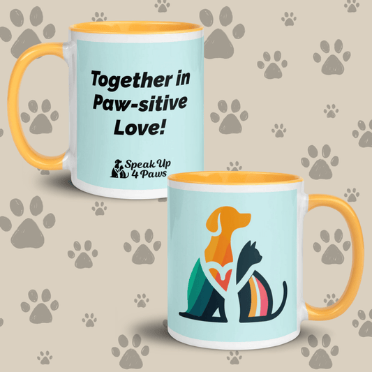 Unity Paws - "Together in Paw - sitive Love" - Vivid Mug (Color: Light Cyan | Golden Yellow) - Coffee Mug - Inside Color - Speak Up 4 Paws