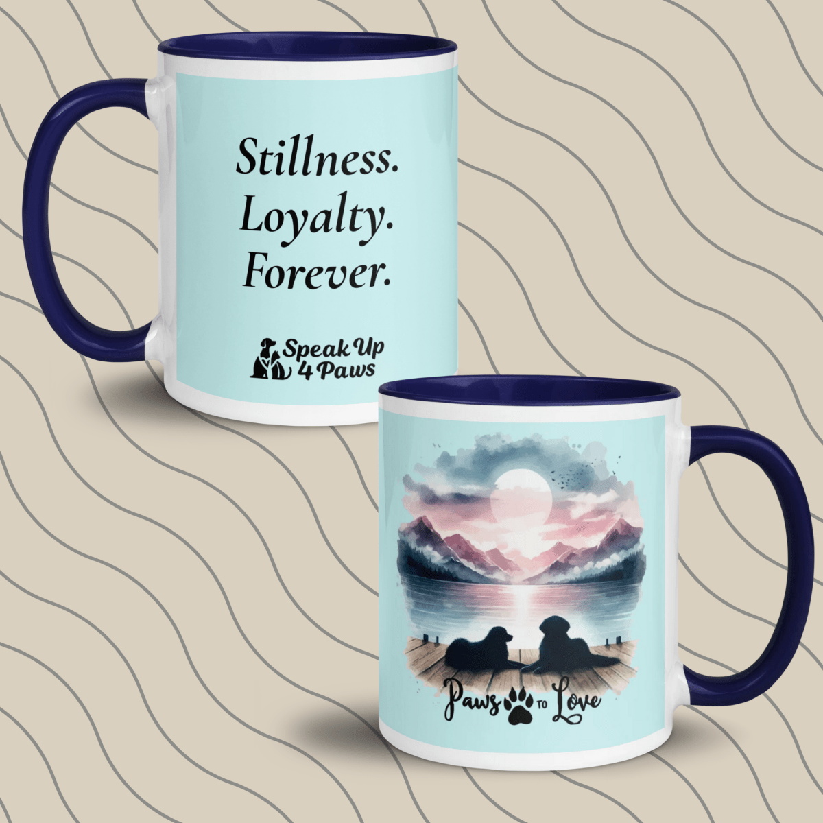 Sunset Buddies - "Stillness. Loyalty. Forever." - Vivid Mug (Color: Light Cyan | Dark Blue) - Coffee Mug - Inside Color - Speak Up 4 Paws