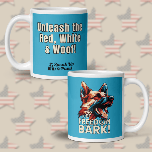 Bark of Freedom Trio - Shepherd - "Unleash the Red, White & Woof!" - Signature Mug (Color: Summer Sky) - Coffee Mug - Speak Up 4 Paws