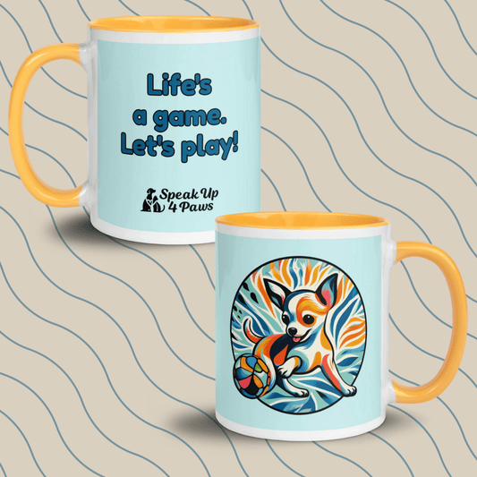 Chihuahua's Playful Dance - "Life's a game. Let's play!" - Vivid Mug (Color: Light Cyan | Golden Yellow) - Coffee Mug - Inside Color - Speak Up 4 Paws