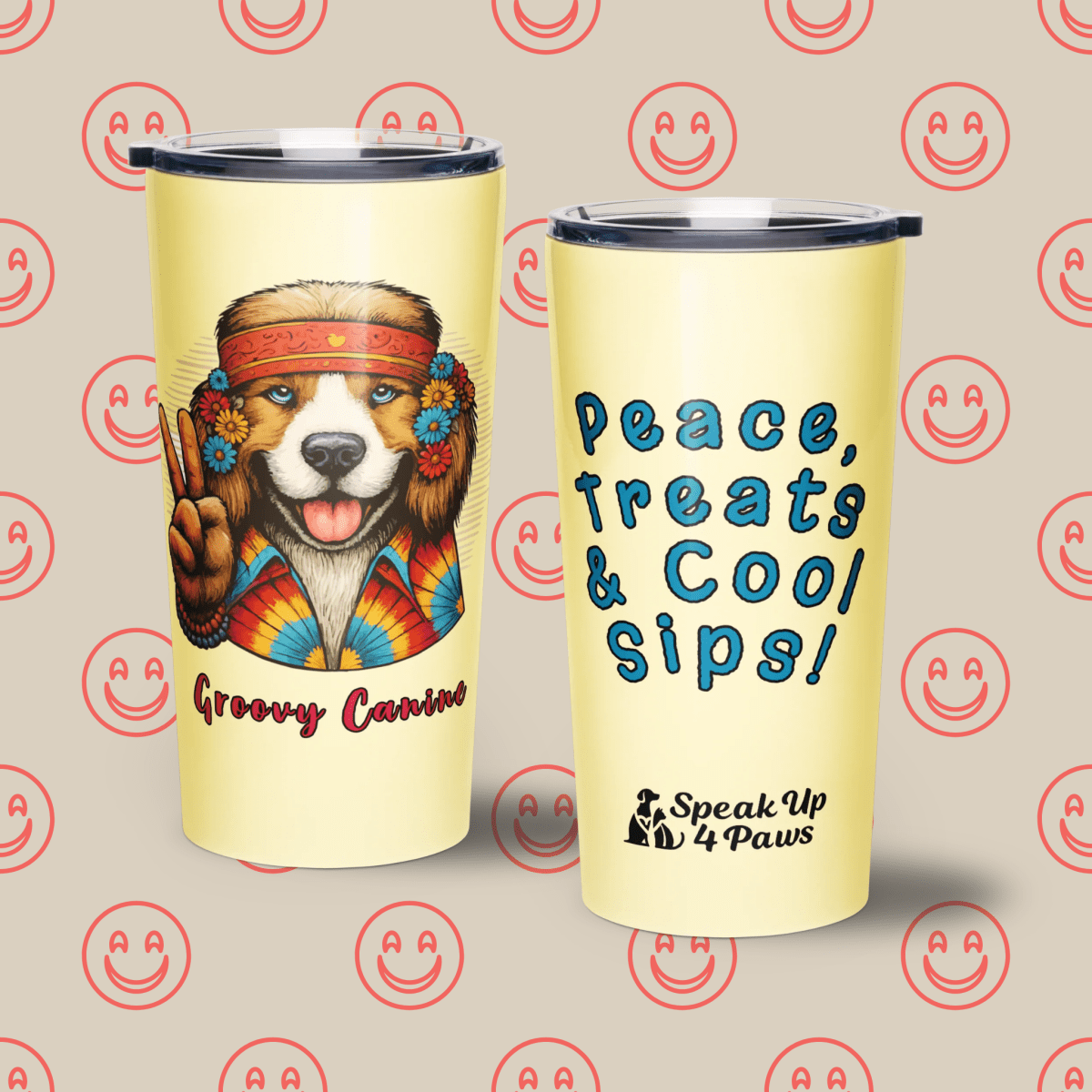 Groovy Canine - "Peace, Treats & Cool Sips!" - Signature Tumbler (Color: Banana Mania) - Tapered Tumbler - Speak Up 4 Paws