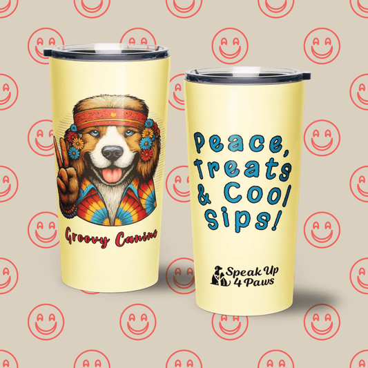 Groovy Canine - "Peace, Treats & Cool Sips!" - Signature Tumbler (Color: Banana Mania) - Tapered Tumbler - Speak Up 4 Paws