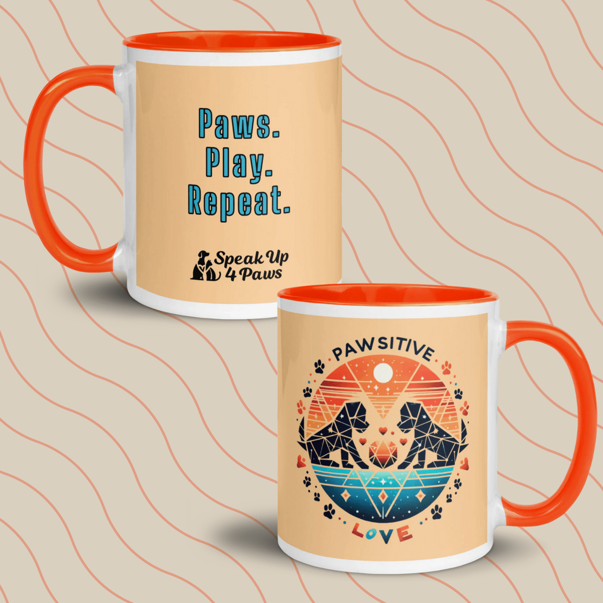 Geometric Puppy Play - "Paws. Play. Repeat." - Vivid Mug (Color: Frangipani | Orange) - Coffee Mug - Inside Color - Speak Up 4 Paws