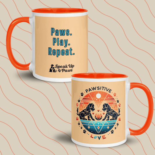 Geometric Puppy Play - "Paws. Play. Repeat." - Vivid Mug (Color: Frangipani | Orange) - Coffee Mug - Inside Color - Speak Up 4 Paws