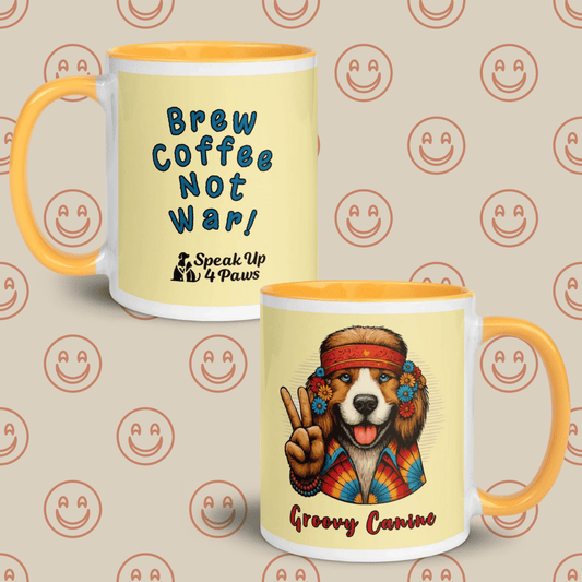 Groovy Canine - "Brew Coffee Not War!" - Vivid Mug (Color: Banana Mania | Golden Yellow) - Coffee Mug - Inside Color - Speak Up 4 Paws