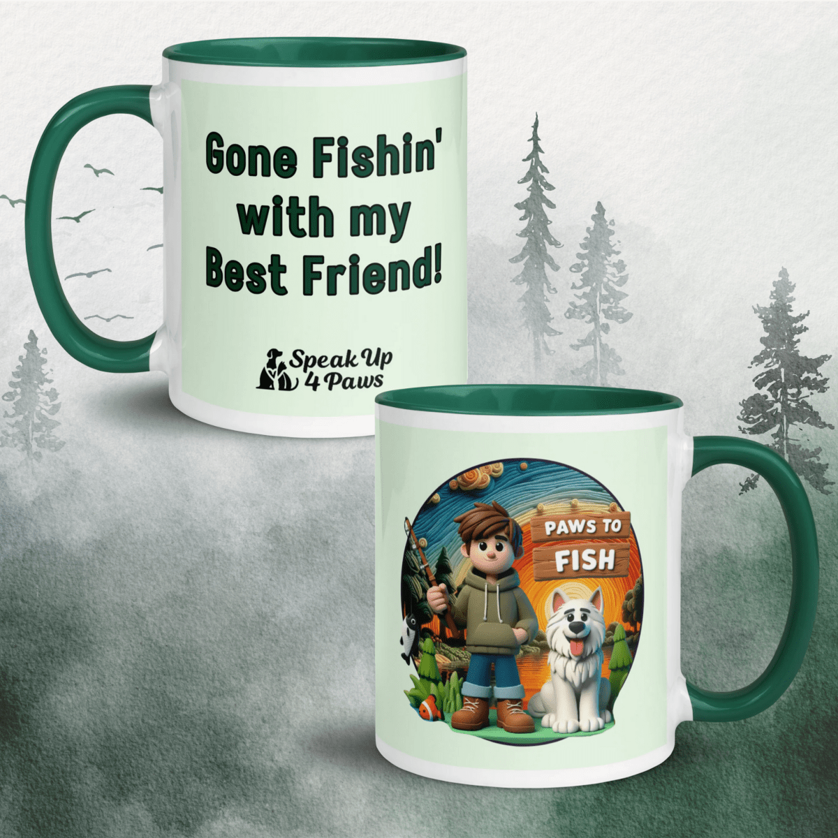 Paws to Fish - "Gone Fishin' with my Best Friend!" - Vivid Mug (Color: Honeydew | Dark Green) - Coffee Mug - Inside Color - Speak Up 4 Paws