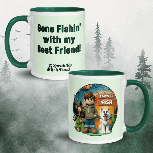 Paws to Fish - "Gone Fishin' with my Best Friend!" - Vivid Mug (Color: Honeydew | Dark Green) - Coffee Mug - Inside Color - Speak Up 4 Paws