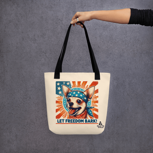 Bark of Freedom Trio - Chihuahua - GoFetch Tote Bag (Color: Papaya Whip) - AOP Tote Bag - Speak Up 4 Paws