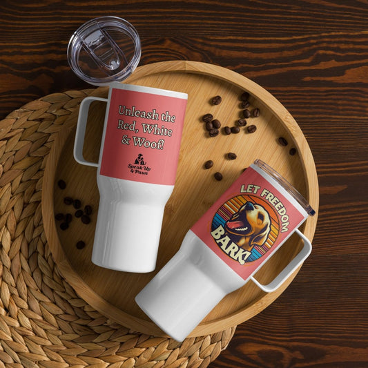 Bark of Freedom Trio - Lab - "Unleash the Red, White & Woof!" - Pawfect Journey Travel Mug (Color: Salmon) - Travel Mug - Speak Up 4 Paws