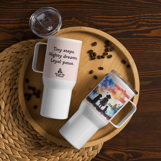 Guiding Stars - "Tiny steps. Mighty dreams. Loyal paws." - Pawfect Journey Travel Mug (Color: Misty Rose) - Travel Mug - Speak Up 4 Paws