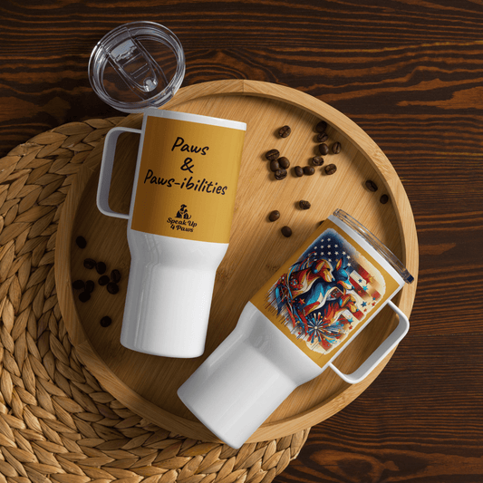 Paws & Pawsibilities - "Paws & Paws - ibilities" - Pawfect Journey Travel Mug (Color: Buttercup) - Travel Mug - Speak Up 4 Paws