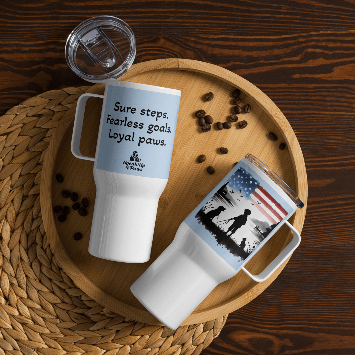 Sunset Friends - "Sure steps. Fearless goals. Loyal paws." - Pawfect Journey Travel Mug (Color: Pattens Blue) - Travel Mug - Speak Up 4 Paws