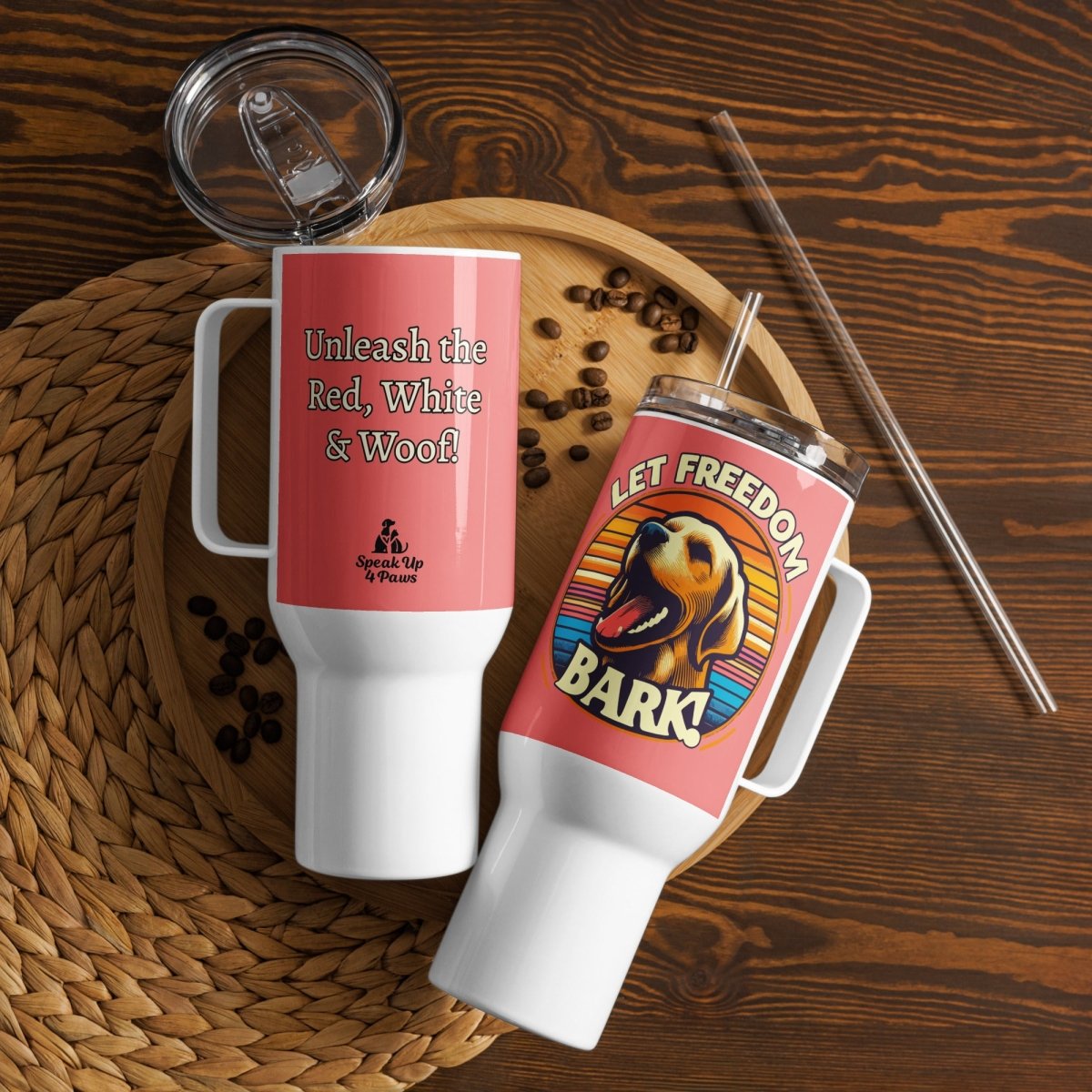 Bark of Freedom Trio - Lab - "Unleash the Red, White & Woof!" - Pawfect Journey Travel Mug (Color: Salmon) - Travel Mug - Speak Up 4 Paws