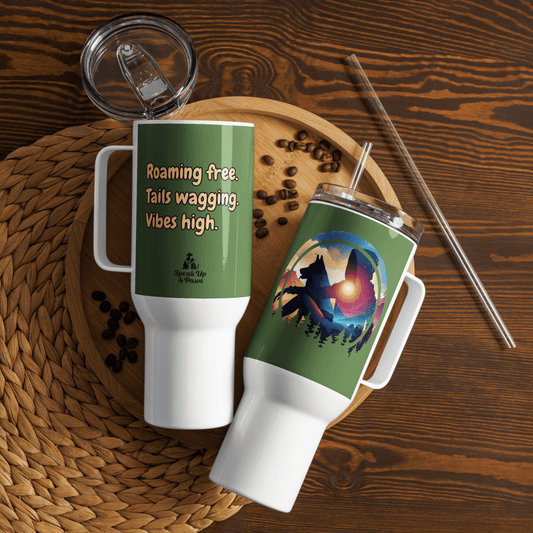 Companion Hues - "Roaming free. Tails wagging. Vibes high." - Pawfect Journey Travel Mug (Color: Fern Green) - Travel Mug - Speak Up 4 Paws