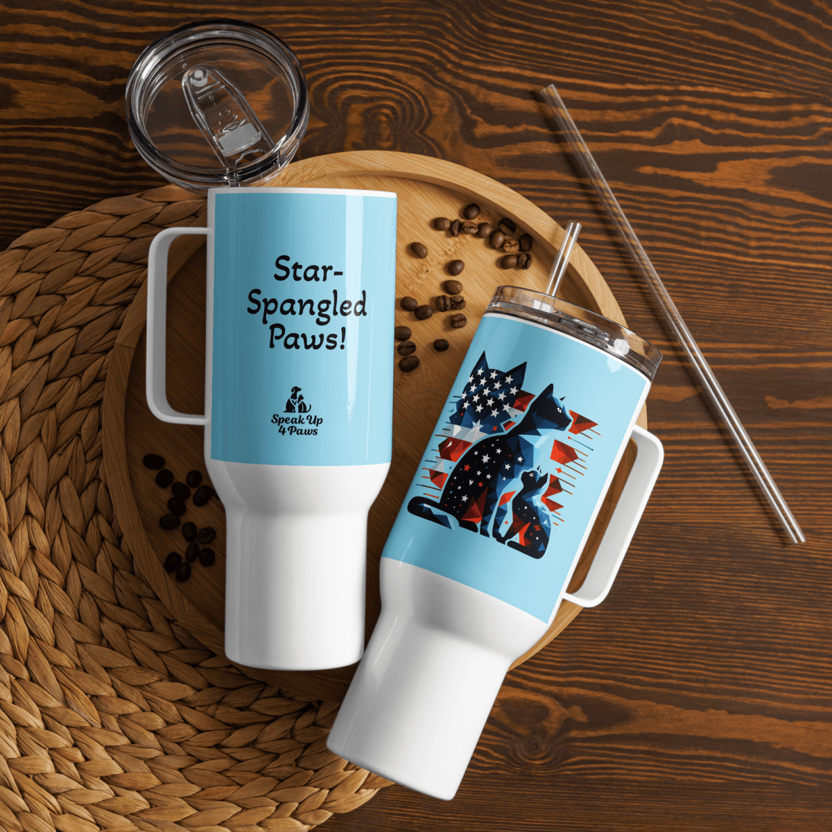 Stars & Stripes Companions - "Star - Spangled Paws!" - Pawfect Journey Travel Mug (Color: Columbia Blue) - Travel Mug - Speak Up 4 Paws