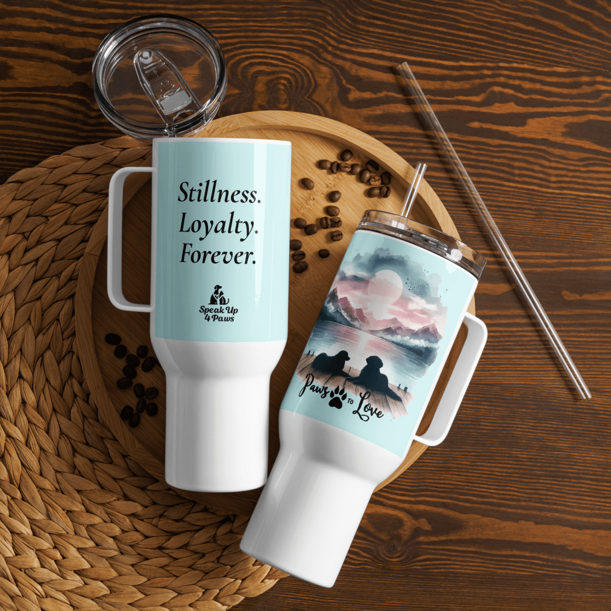 Sunset Buddies - "Stillness. Loyalty. Forever." - Pawfect Journey Travel Mug (Color: Light Cyan) - Travel Mug - Speak Up 4 Paws