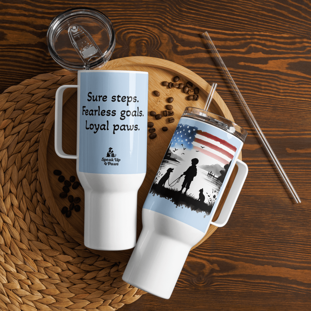 Sunset Friends - "Sure steps. Fearless goals. Loyal paws." - Pawfect Journey Travel Mug (Color: Pattens Blue) - Travel Mug - Speak Up 4 Paws