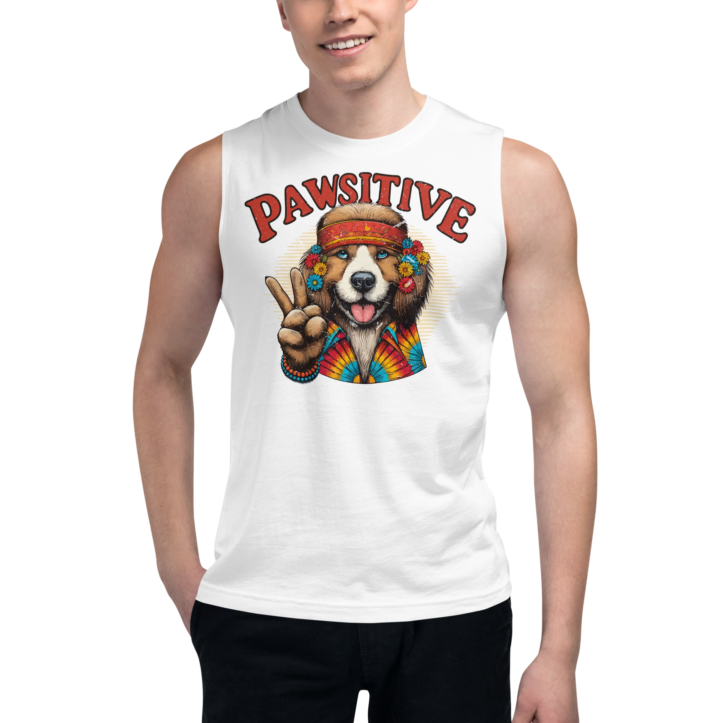 Groovy Canine Vibes - Pawsitive Peace - Unisex Muscle Tee