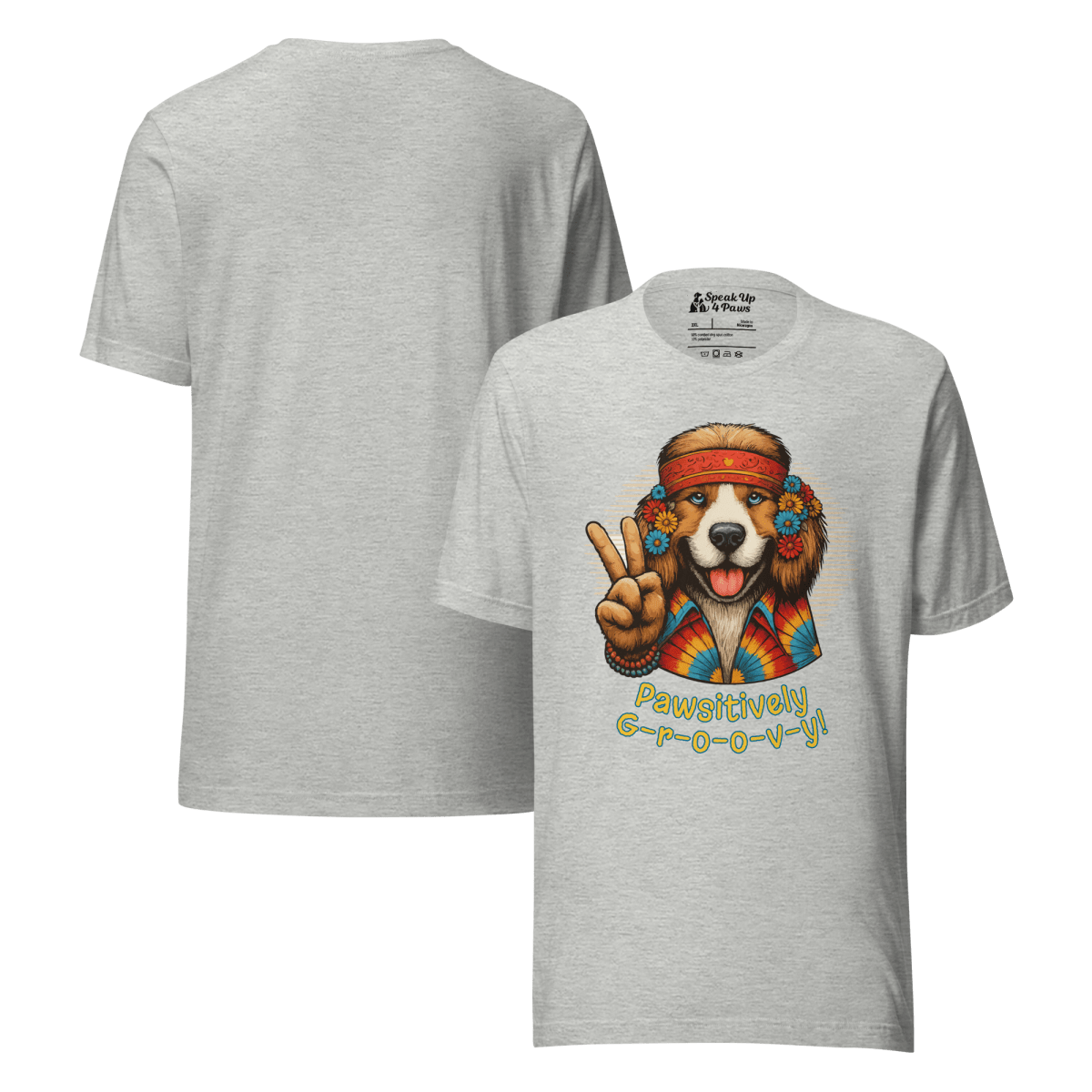 Groovy Canine - Everyday Plus Tee - "Pawsitively Groovy" | COLORS: Athletic Hey, Red, White - Unisex Staple Tee - Speak Up 4 Paws