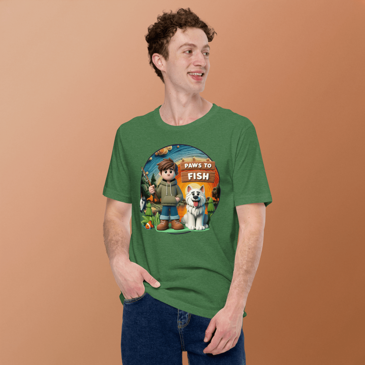 Paws to Fish - Everyday Tee | COLORS: Heather Grass Green, Autumn, Pebble, Steel Blue - Unisex Staple Tee - Speak Up 4 Paws