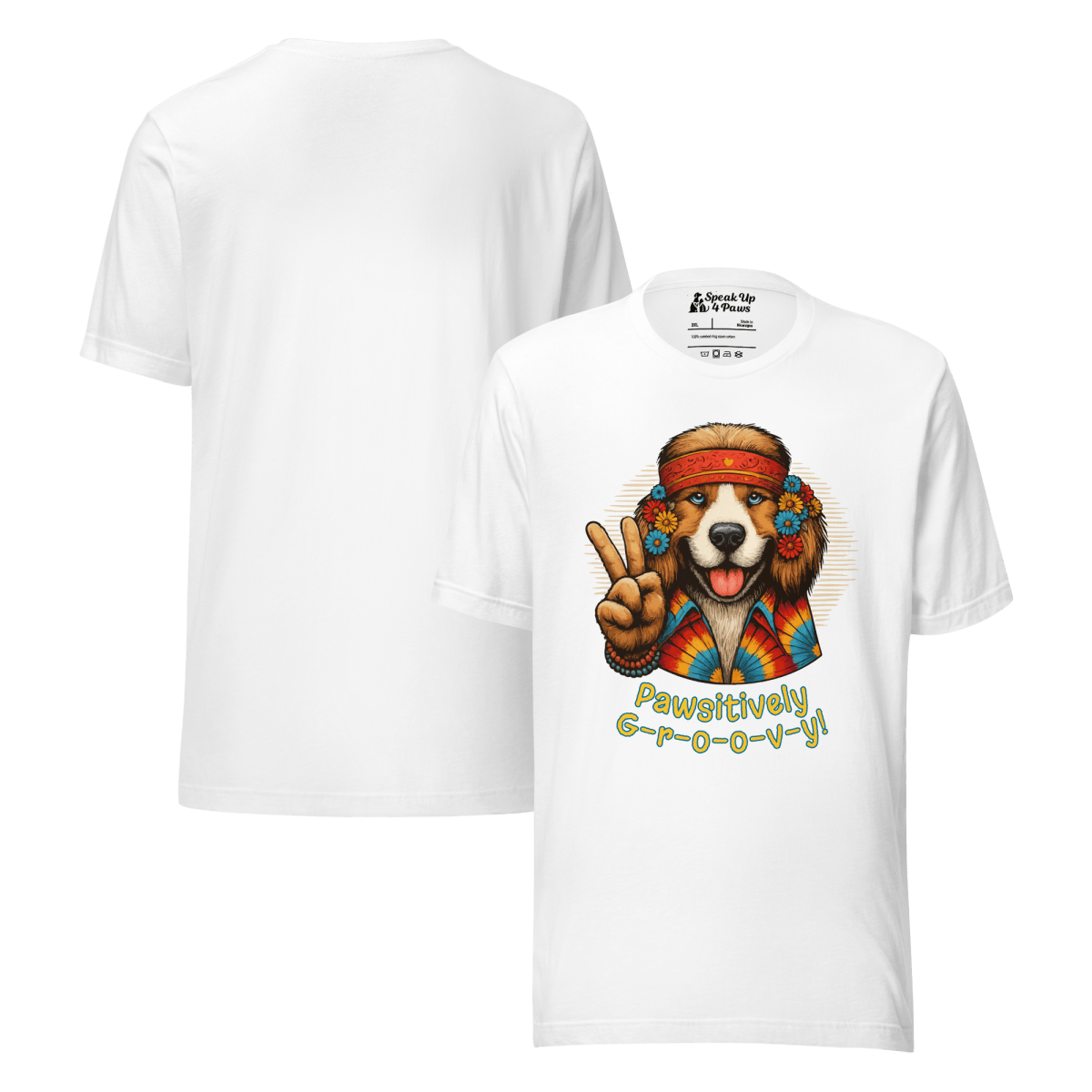 Groovy Canine - Everyday Plus Tee - "Pawsitively Groovy" | COLORS: Athletic Hey, Red, White - Unisex Staple Tee - Speak Up 4 Paws